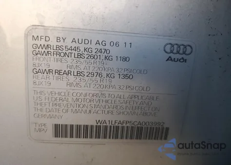 2012 Audi Q5 Premium Plus из США, поврежденный, VIN WA1LFAFP5CA003992